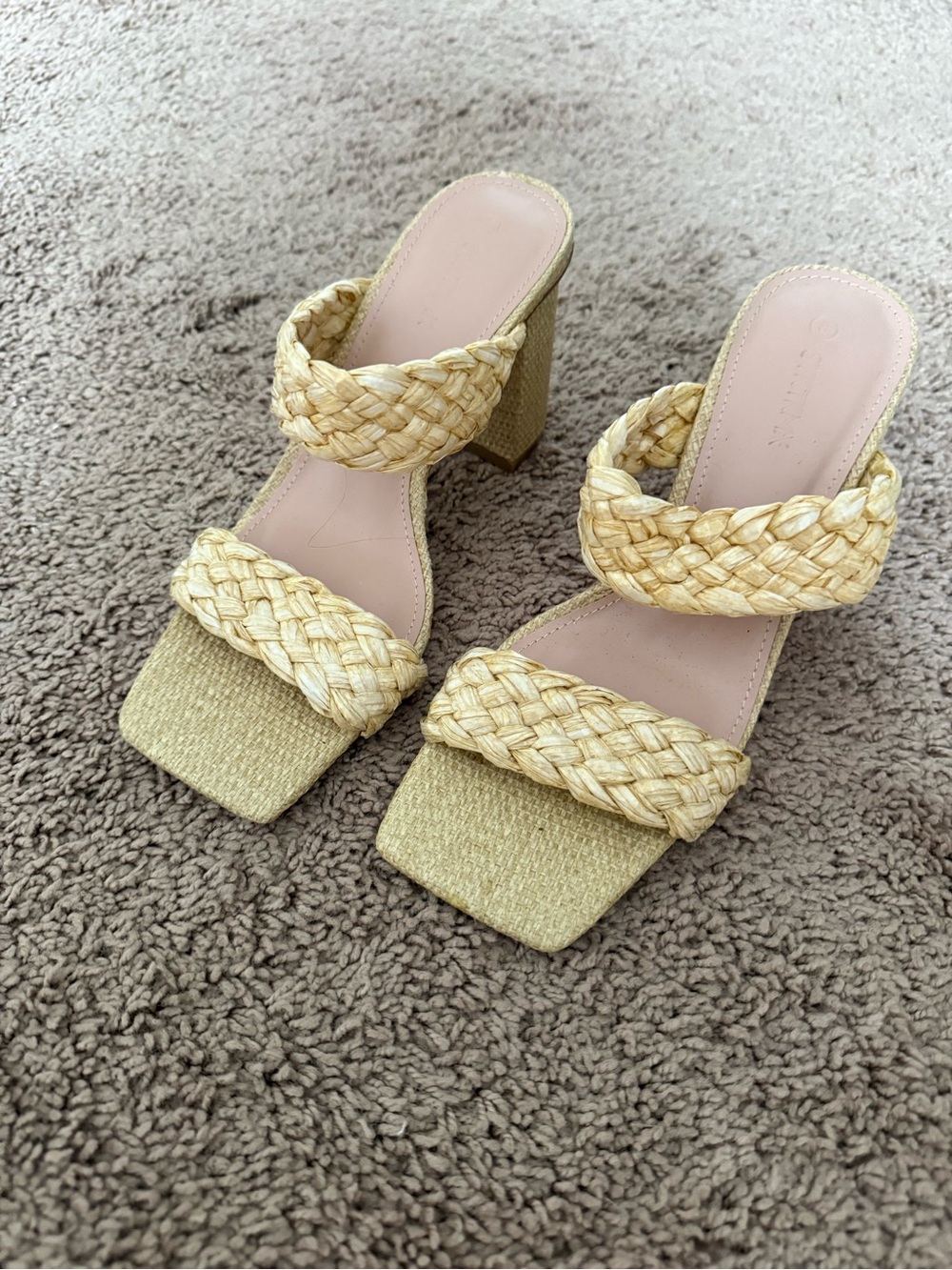 Braided Straw Block Heel Sandals - Natural